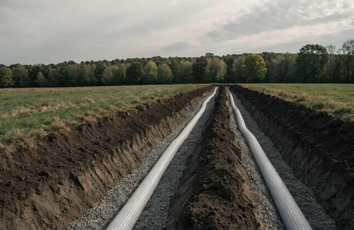 Two parallel open lateral field trenches bedded with gravel and perforated pipe, running toward a treeline on rural Missouri ground
