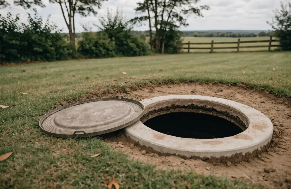 A concrete septic tank access riser in a Missouri lawn with its lid lifted off, showing the tank opening